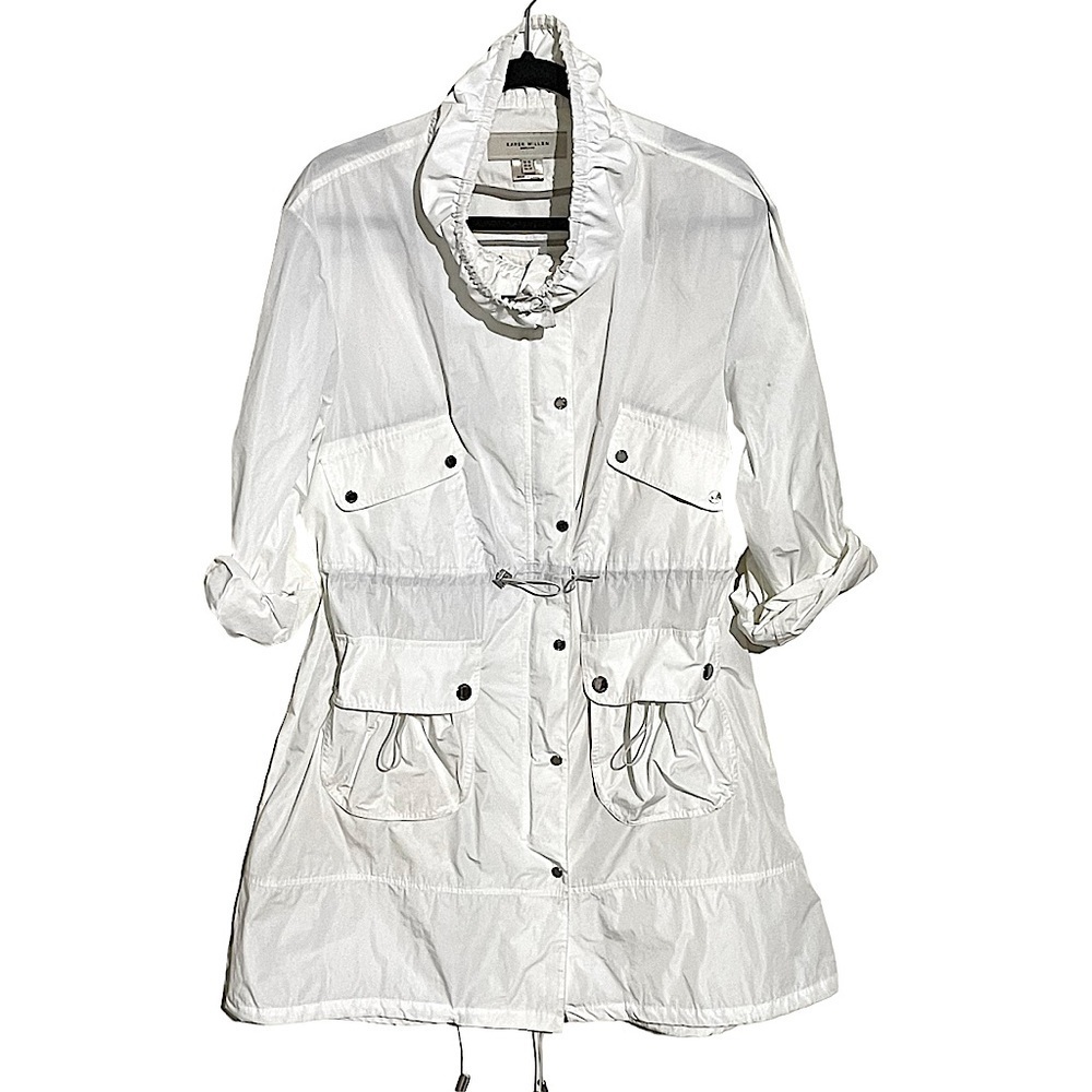 Karen Millen White Nylon Zip & Snap Front Windbreaker Rain Jacket Size 12